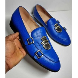 Blue double monk strap loafers